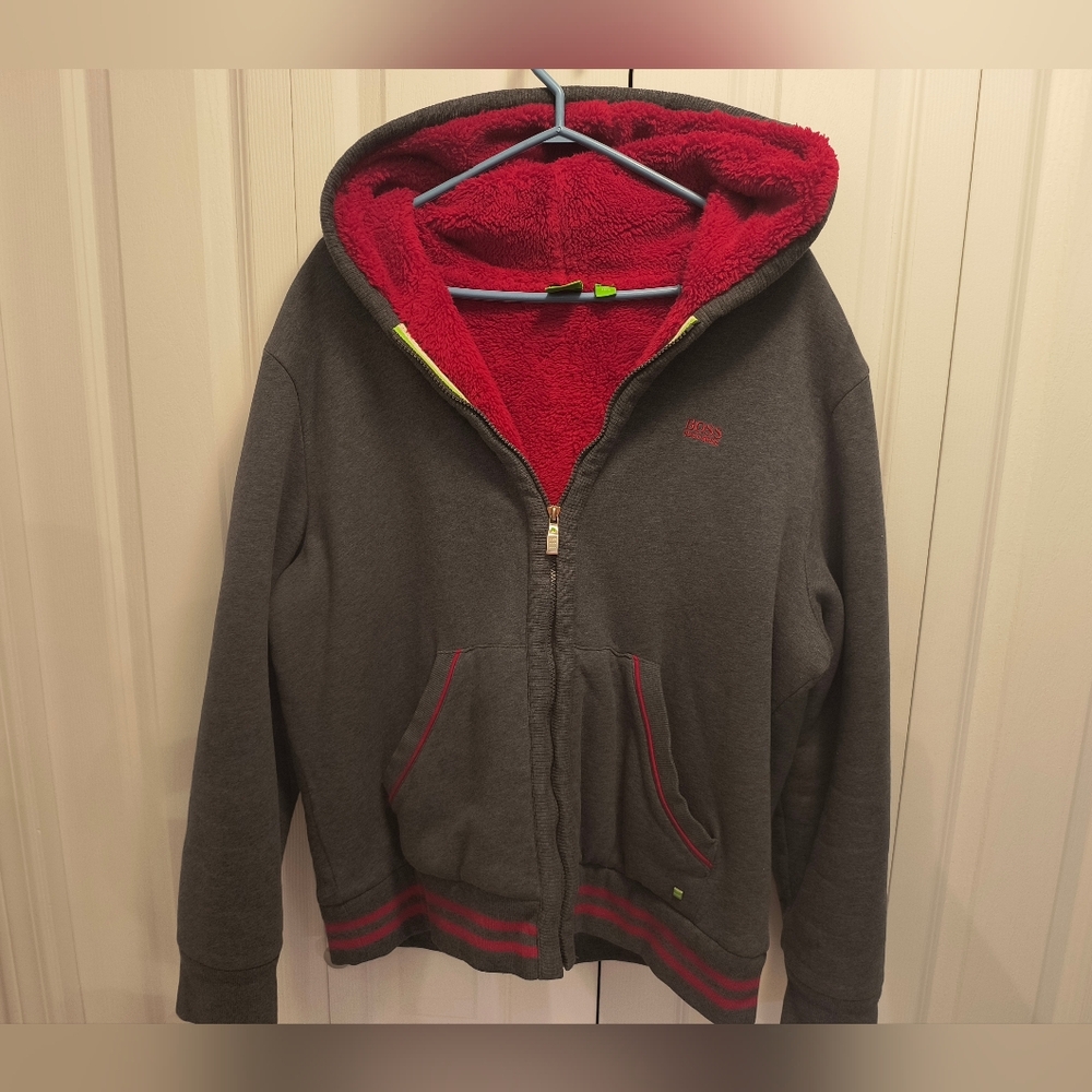 Men's Hugo Boss XL Grey and Red Hoodie Warm faux-fur lined